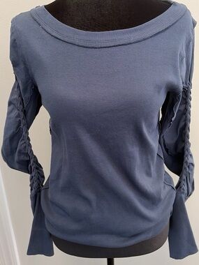 Free People We The Free Daisy Navy Blue Long Sleeve Top with Braided Sleeve
